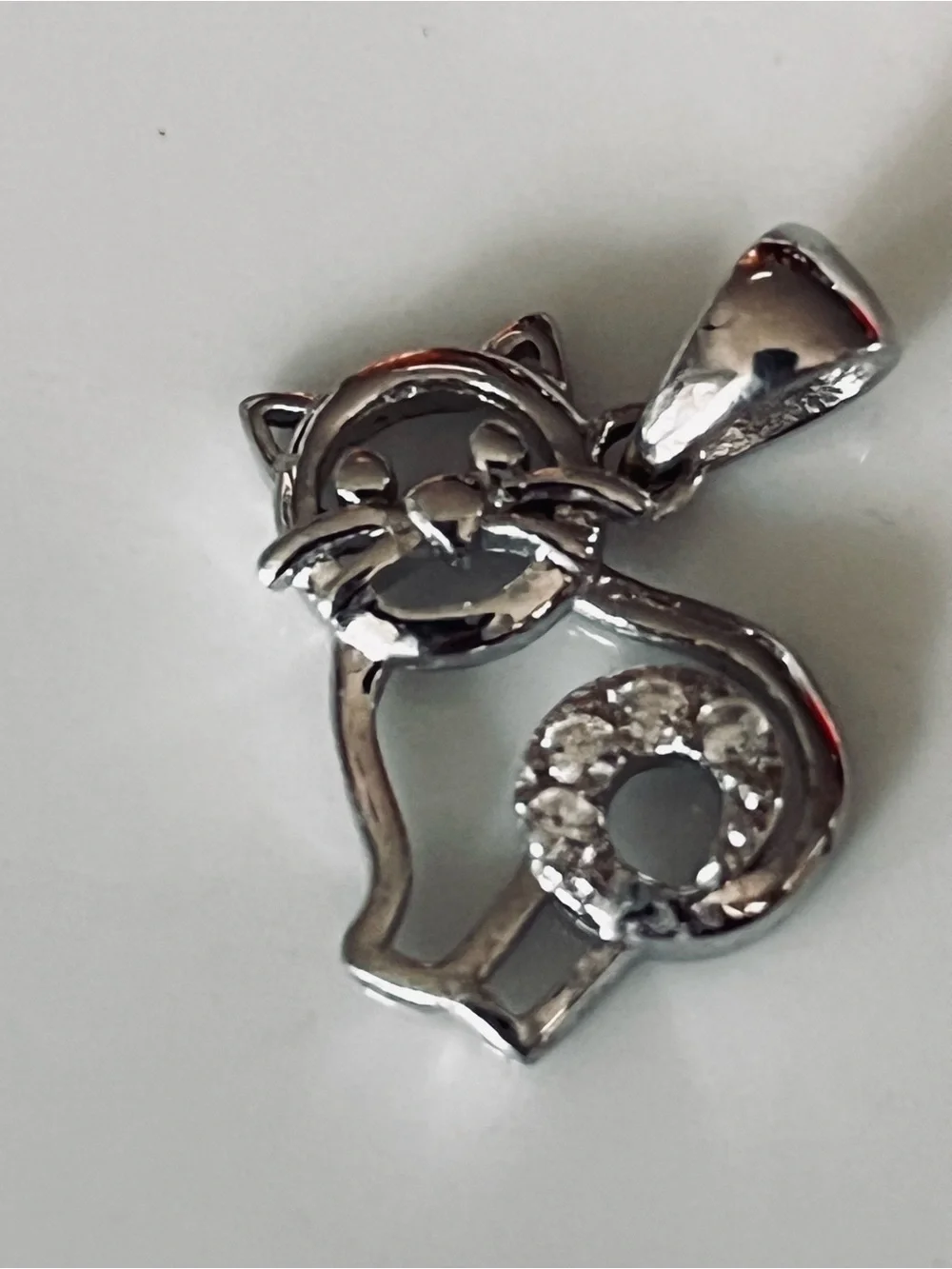 Sterling Silver 925 Cat Pendant with Crystal Tail - Silver